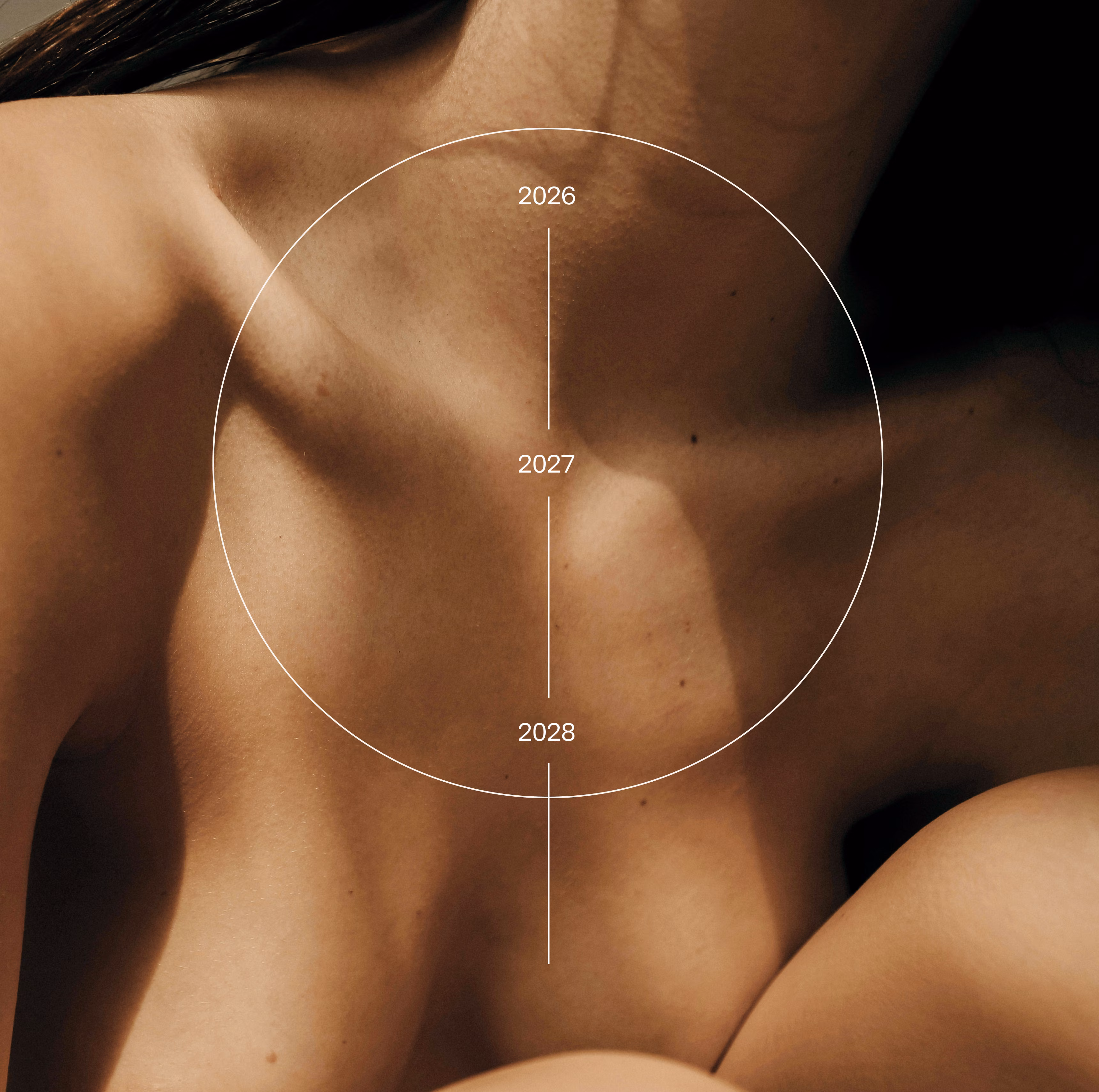 Circular scan marker over a woman's chest connected to a timeline of yearly screenings in 2026, 2027, and 2028